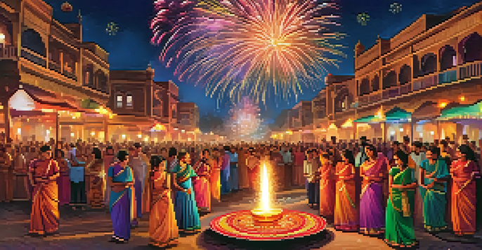 A festive Diwali celebration with families lighting oil lamps and colorful fireworks in the night sky.