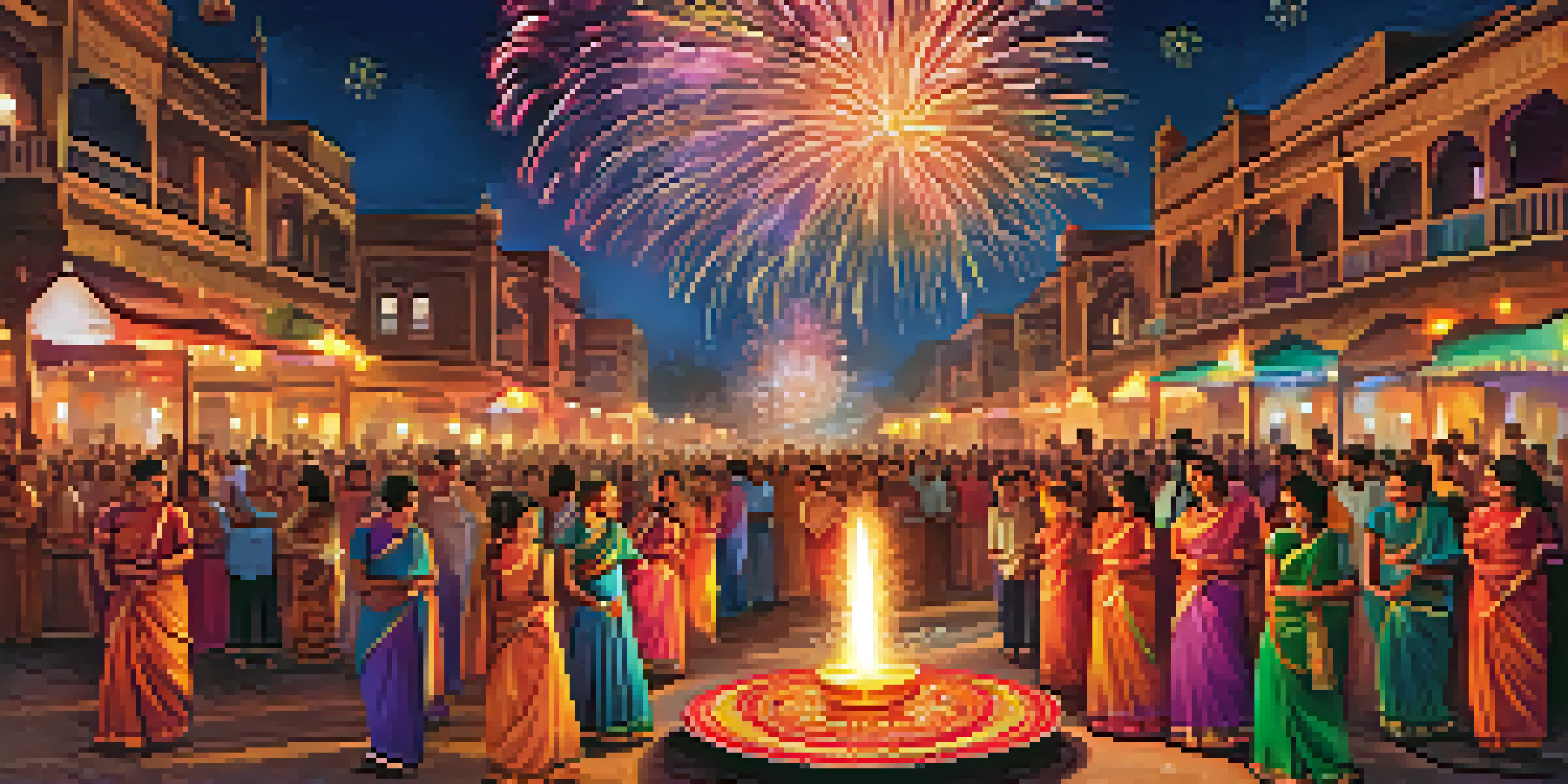 A festive Diwali celebration with families lighting oil lamps and colorful fireworks in the night sky.