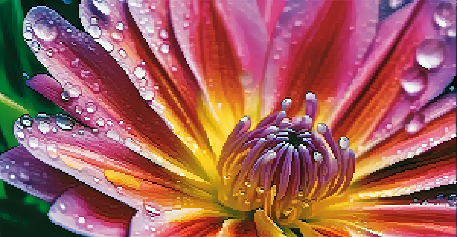 A close-up of a blooming flower with dew drops, showcasing vibrant colors and intricate details.