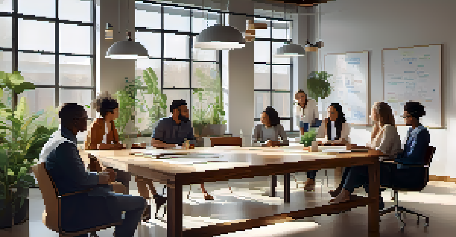 A diverse group of team members having a respectful discussion in a serene office environment, with natural light and plants around them.