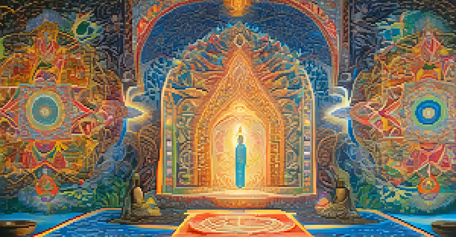 An abstract tapestry symbolizing the intertwining of spirituality and religion, filled with vibrant patterns and soft light.