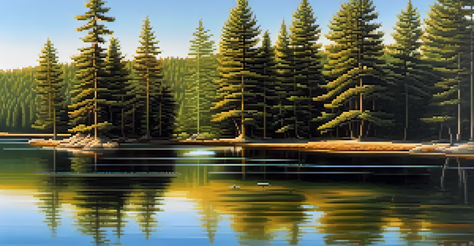 A peaceful lake surrounded by pine trees with sunlight filtering through, creating a calm atmosphere.