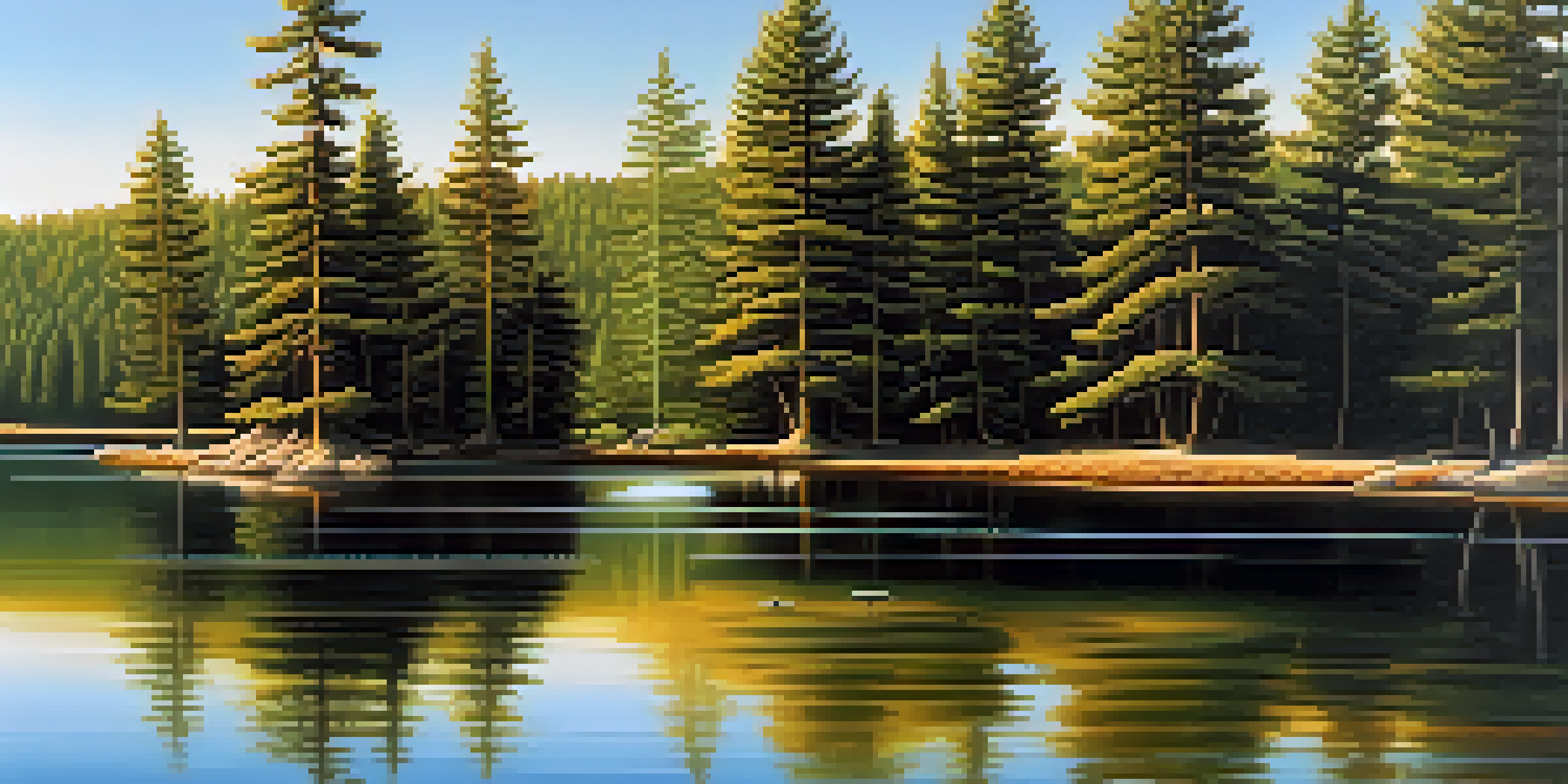 A peaceful lake surrounded by pine trees with sunlight filtering through, creating a calm atmosphere.