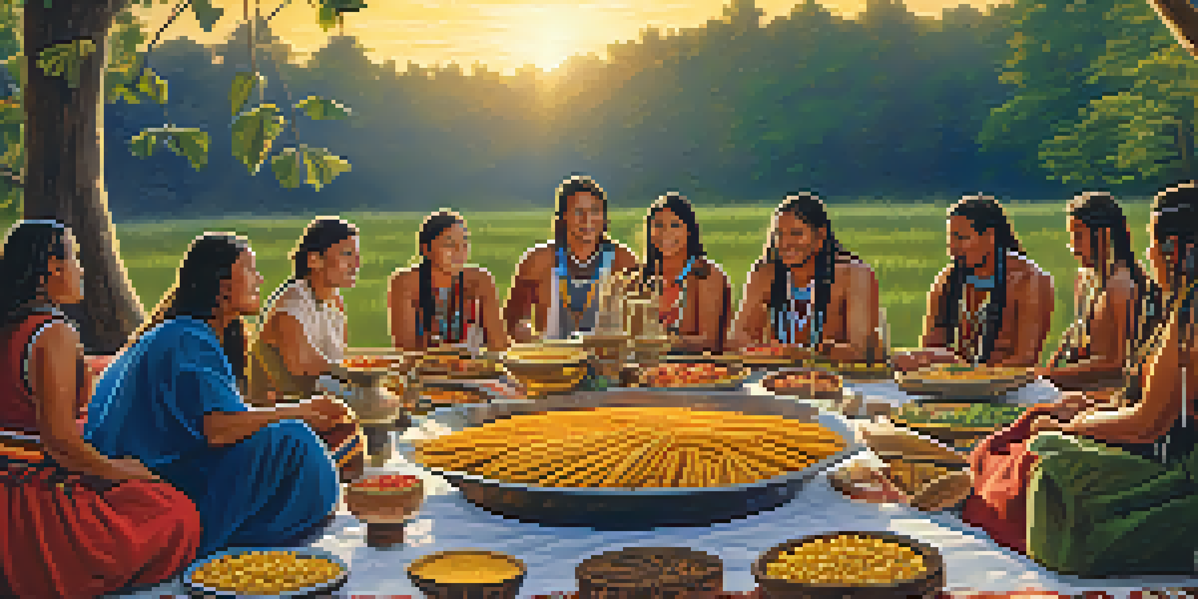 A colorful outdoor gathering of Native Americans sharing a ceremonial feast with traditional dishes, set in a lush natural environment during sunset.