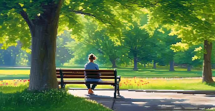 A person sitting on a park bench, journaling about gratitude in a sunlit park filled with trees and flowers.