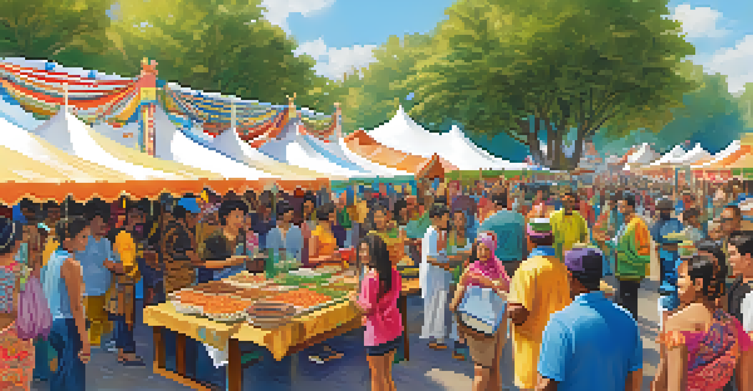 A lively community festival with colorful booths representing diverse cultures and people enjoying food, dance, and music.