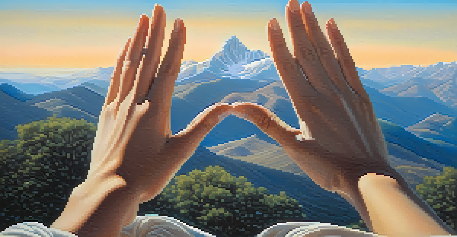 Close-up of hands in a mudra gesture during meditation, with a blurred background of mountains and a clear sky, symbolizing spiritual connection and tranquility.
