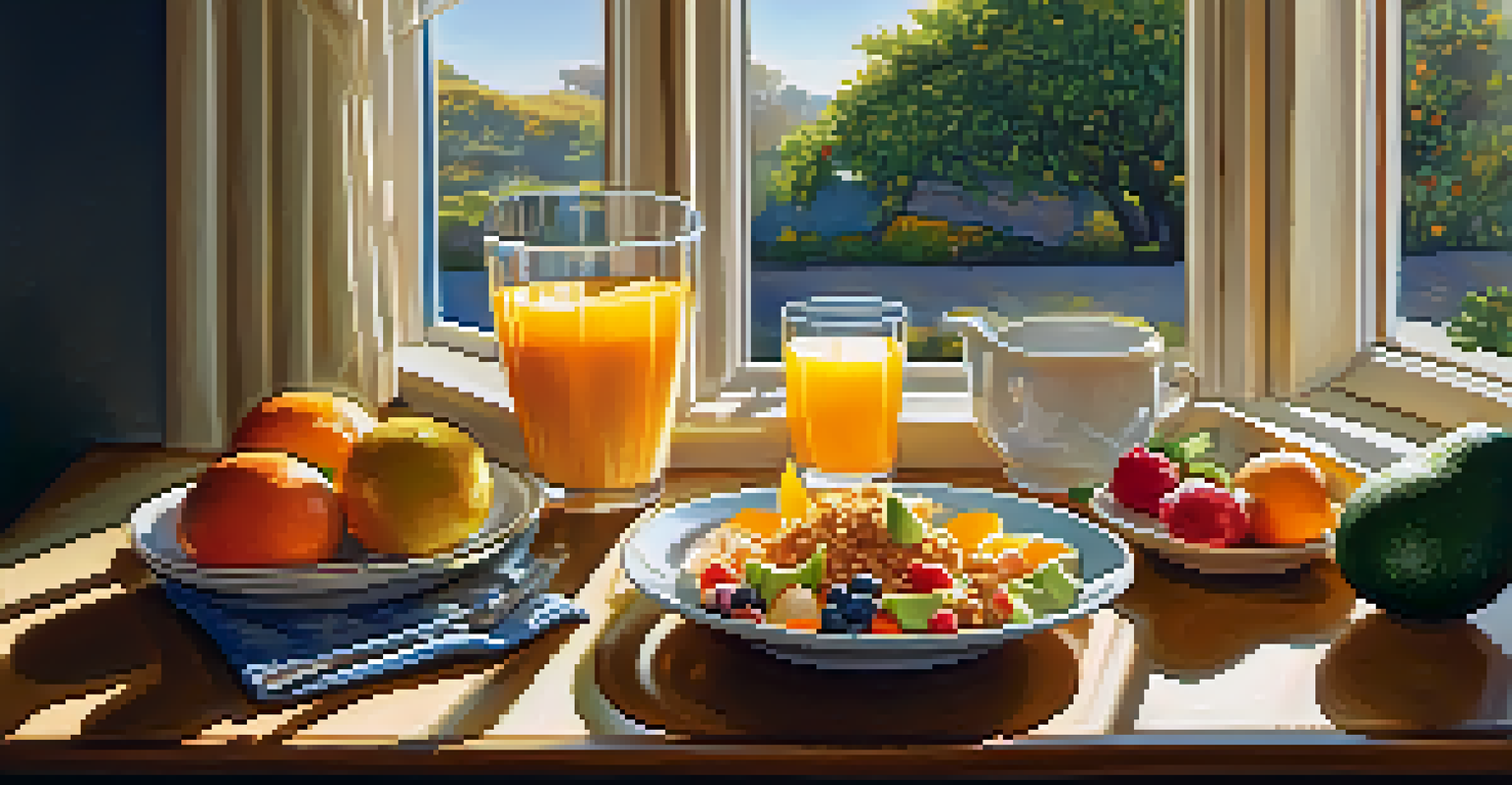 A breakfast table with fresh fruits, whole grain toast with avocado, and a glass of orange juice, illuminated by sunlight.
