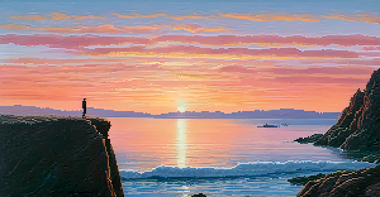 A beautiful ocean landscape at sunset with orange and pink hues reflecting on the water, and a solitary figure sitting on rocks, contemplating the view.