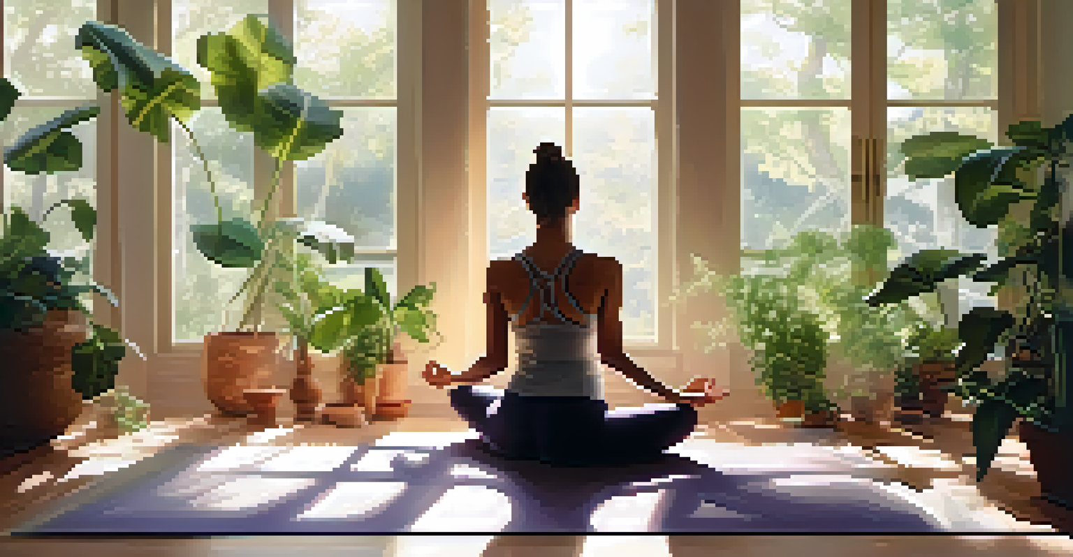 A person meditating in a sunlit room surrounded by plants, embodying tranquility.