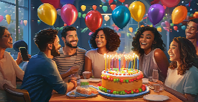 A virtual birthday celebration with friends and family on a video call, featuring balloons and a cake.