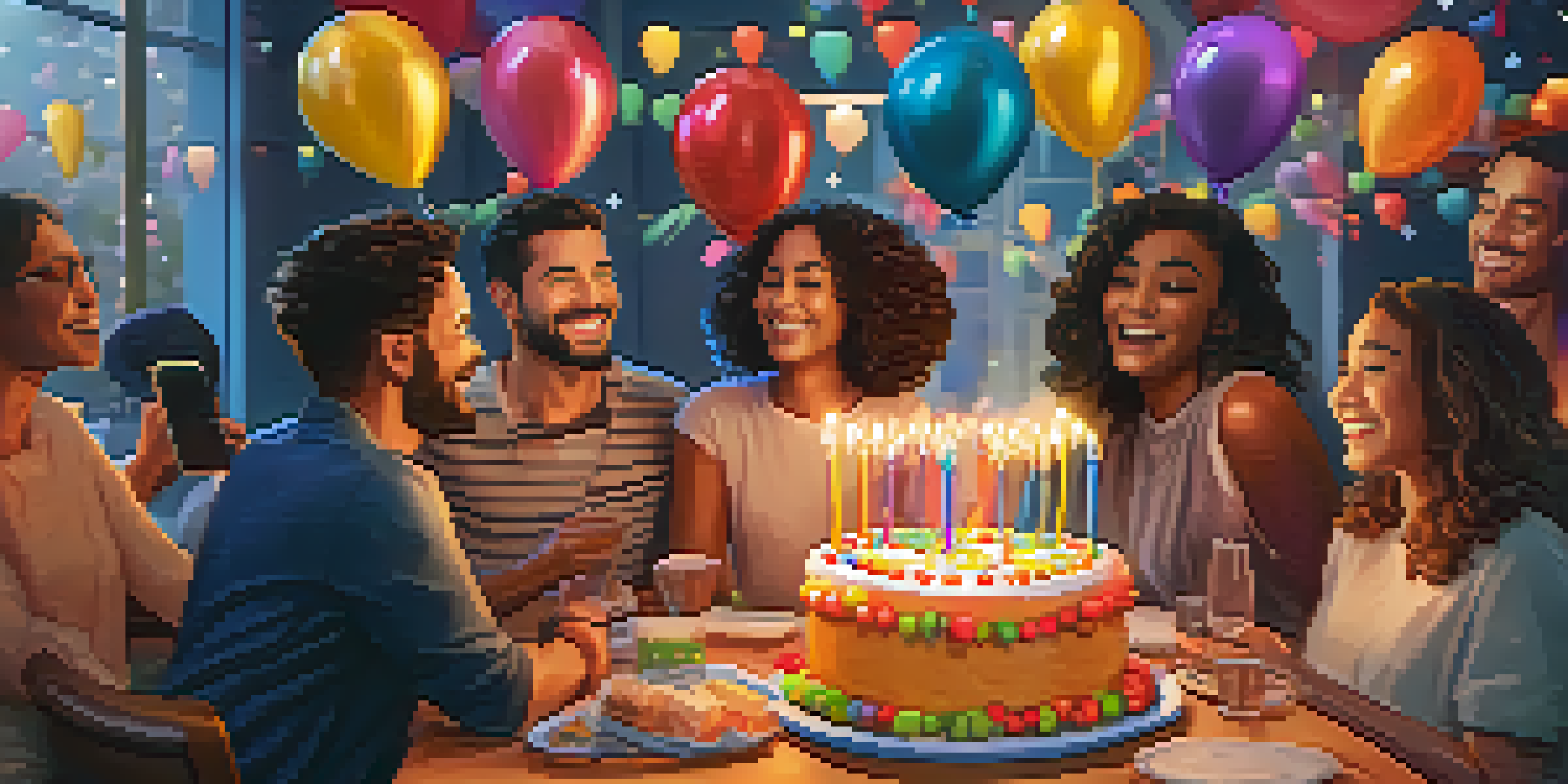 A virtual birthday celebration with friends and family on a video call, featuring balloons and a cake.