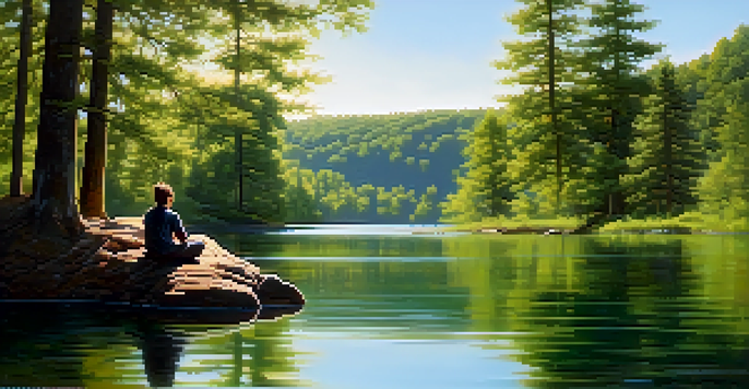 A person meditating on a rock by a peaceful lake, surrounded by green trees and a clear sky.