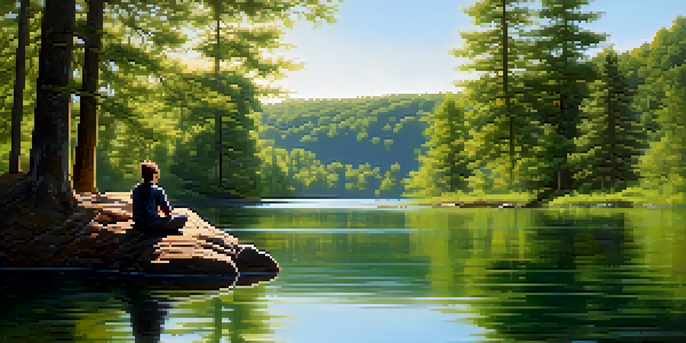 A person meditating on a rock by a peaceful lake, surrounded by green trees and a clear sky.