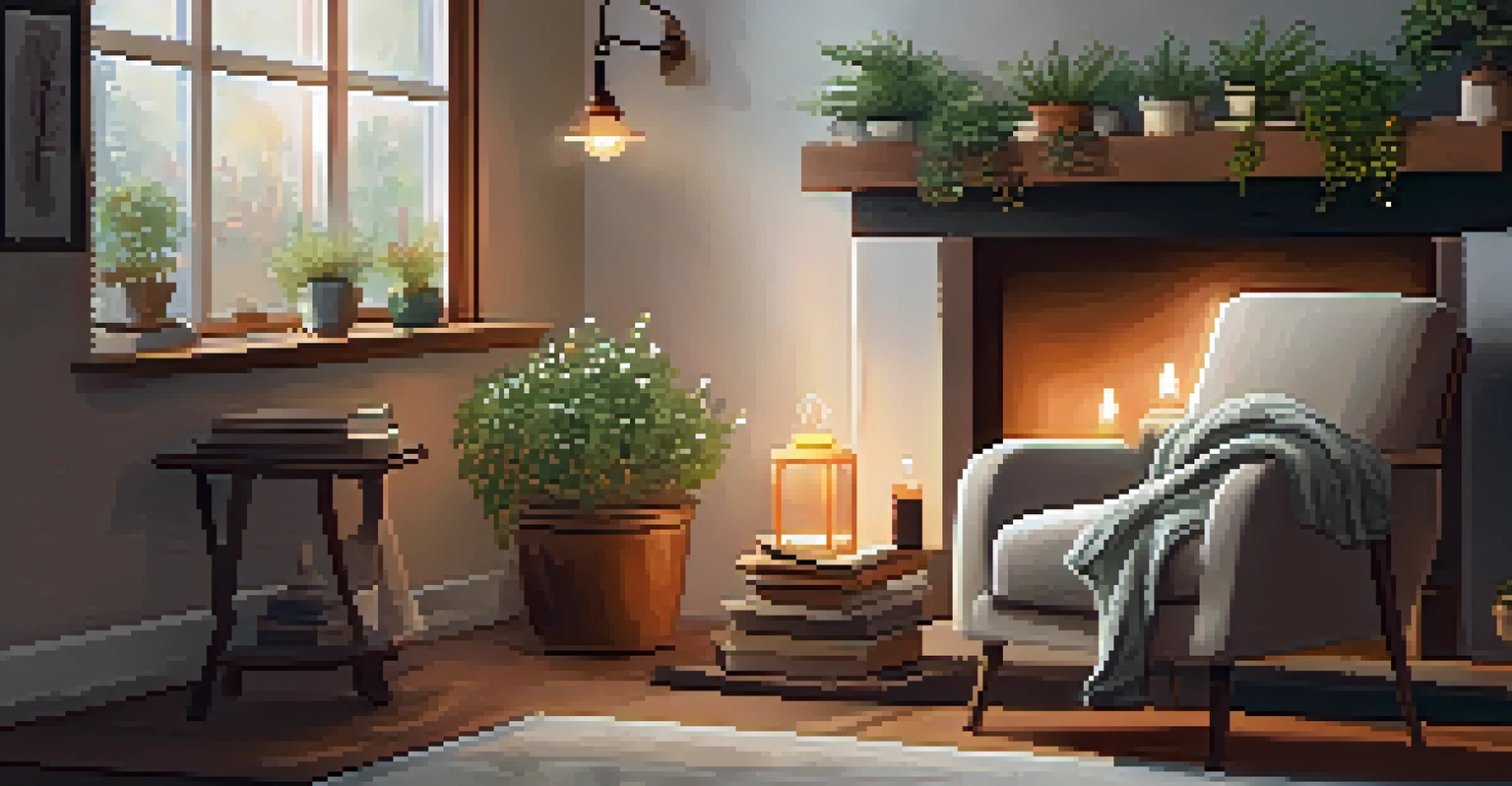 A cozy room with a comfortable armchair, a cup of tea, a candle, and plants, creating a relaxing atmosphere.