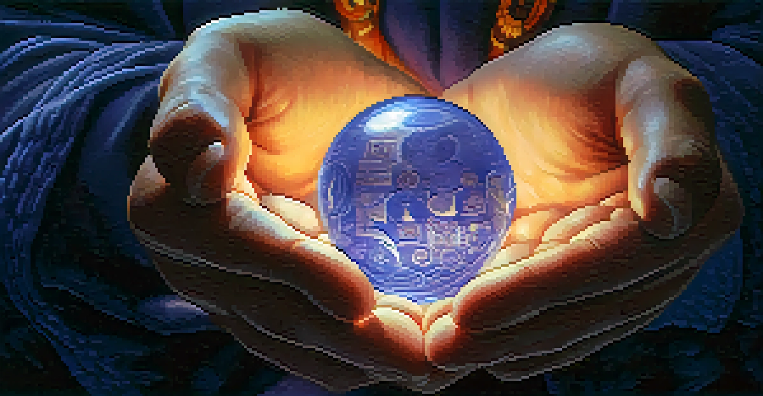A close-up of hands holding a glowing orb surrounded by various spiritual symbols.
