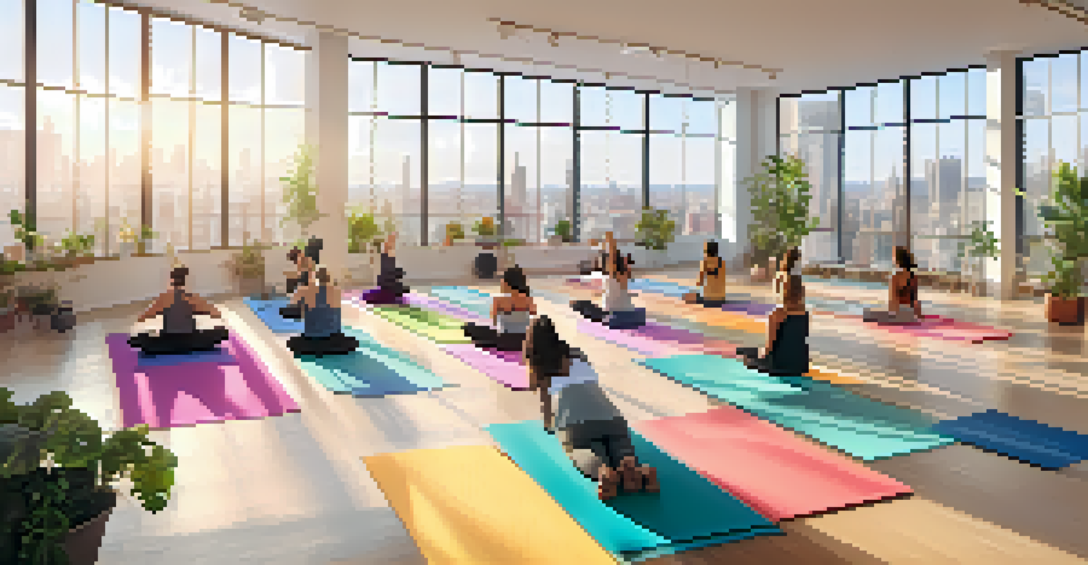 A diverse group of people practicing yoga in a sunlit studio with large windows, colorful mats, and plants, set against a city skyline.