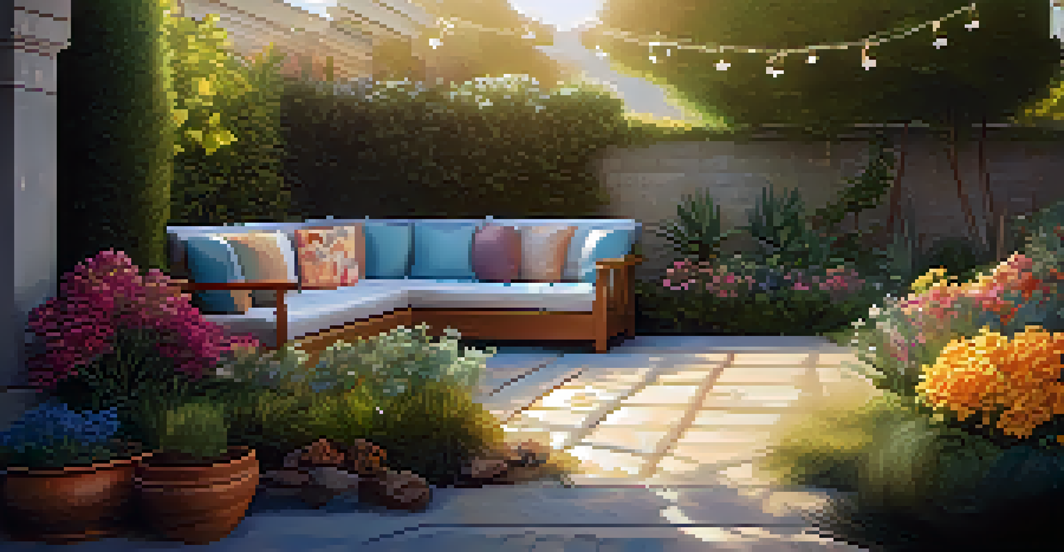 An inviting garden nook adorned with flowers and seating, illuminated by warm light, perfect for practicing outdoor mindfulness.