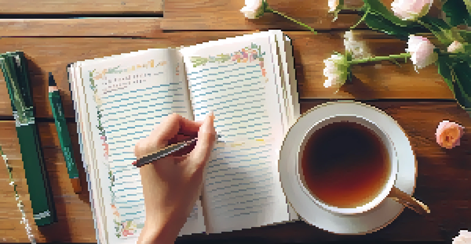 Close-up of hands writing in a gratitude journal, emphasizing body acceptance and positivity.