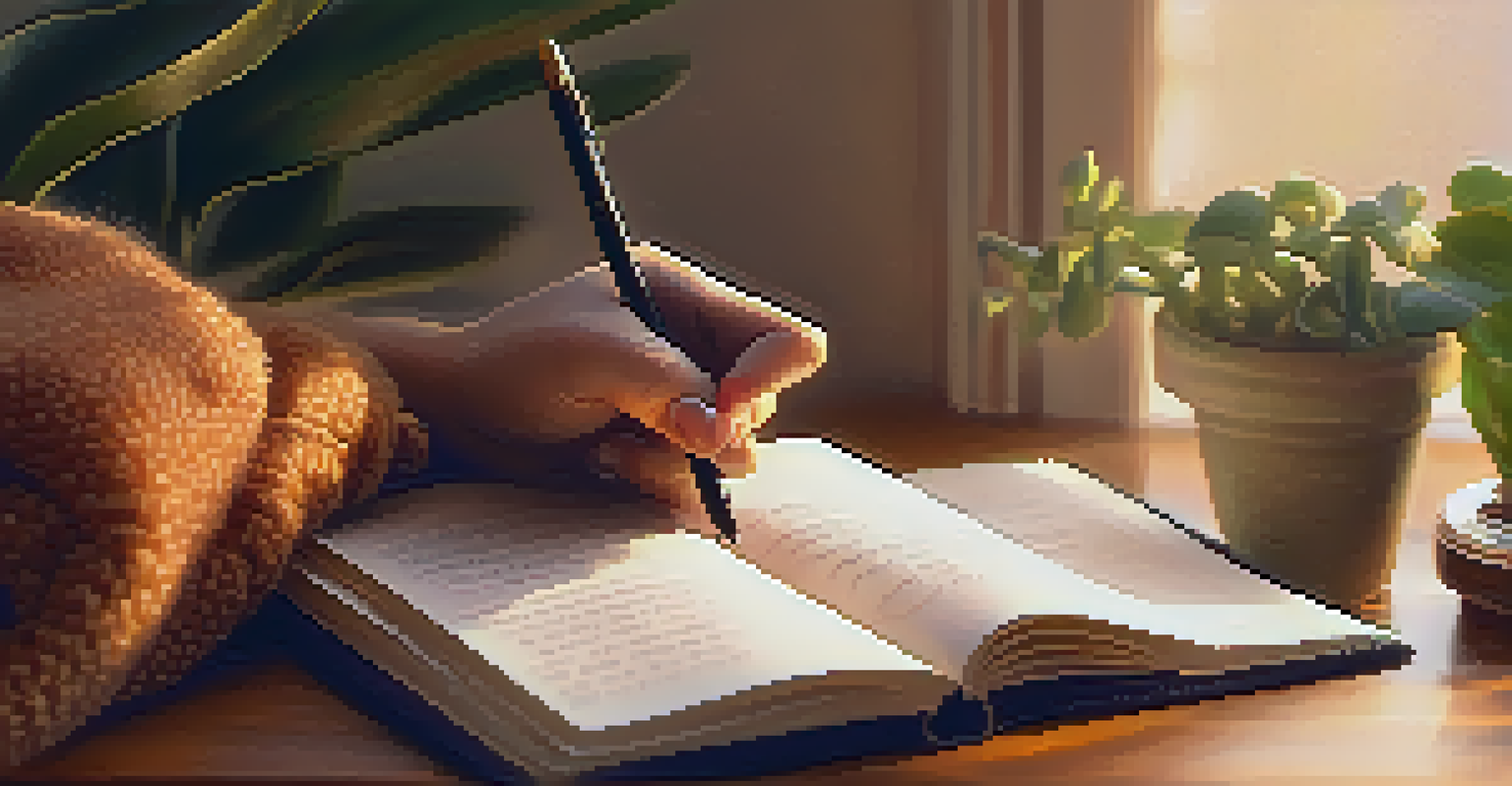 A close-up of a hand writing in a gratitude journal in a cozy, sunlit room with plants and candles in the background.