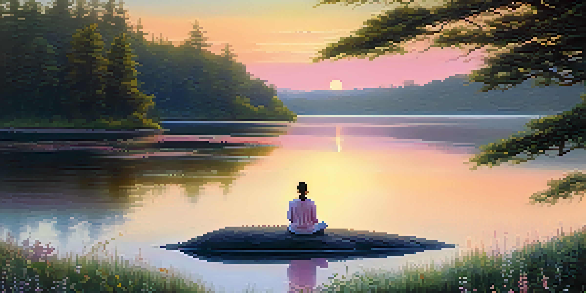 A person meditating on a rock by a calm lake at sunrise, surrounded by flowers and greenery.