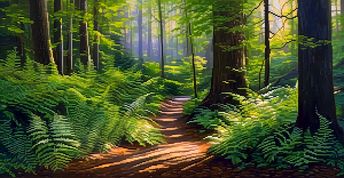 A tranquil forest path with sunlight filtering through the trees, surrounded by ferns and wildflowers, inviting a mindful walk.