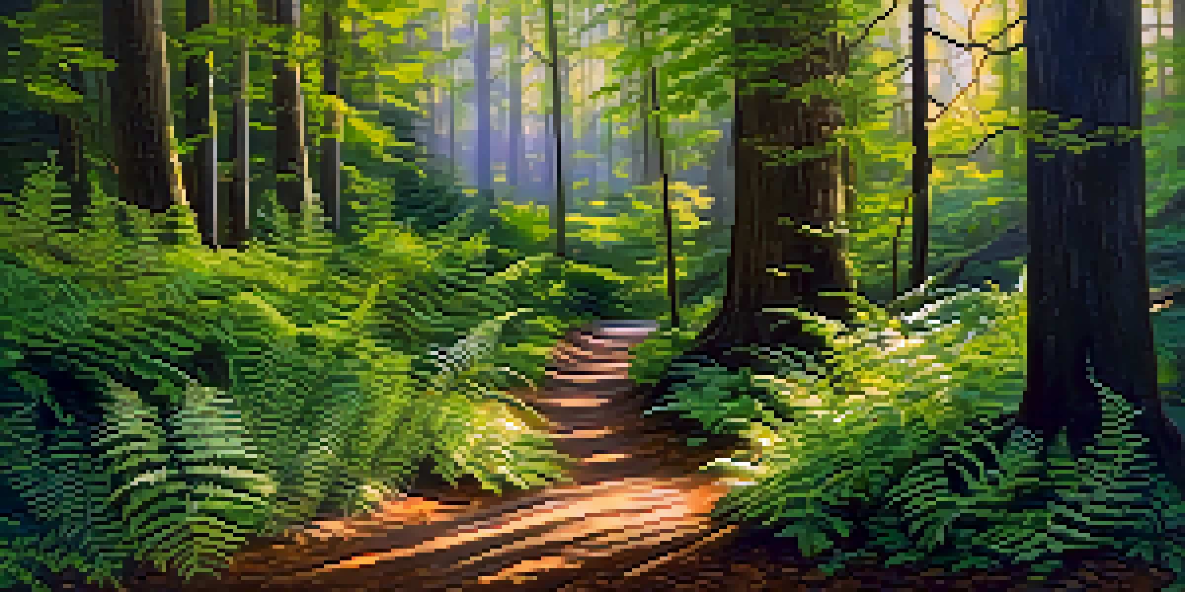 A tranquil forest path with sunlight filtering through the trees, surrounded by ferns and wildflowers, inviting a mindful walk.