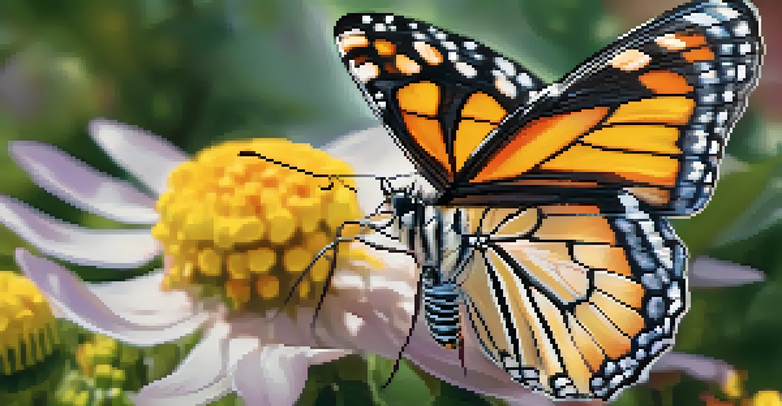 A close-up of a butterfly on a blooming flower, highlighting its intricate wing patterns against a blurred green background.