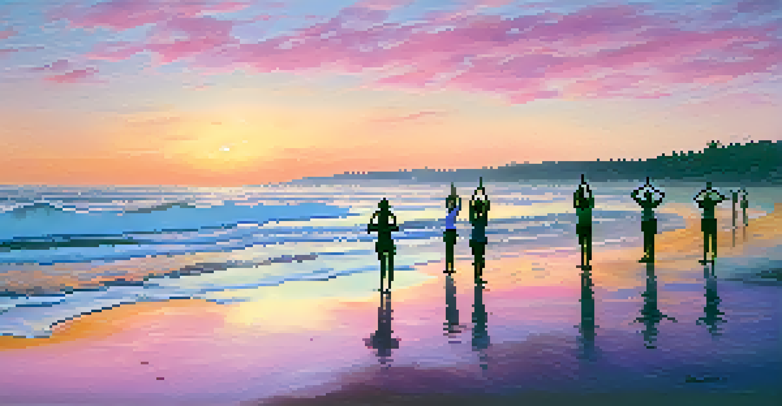 A calm beach at sunset with people practicing yoga on the sand and colorful skies.