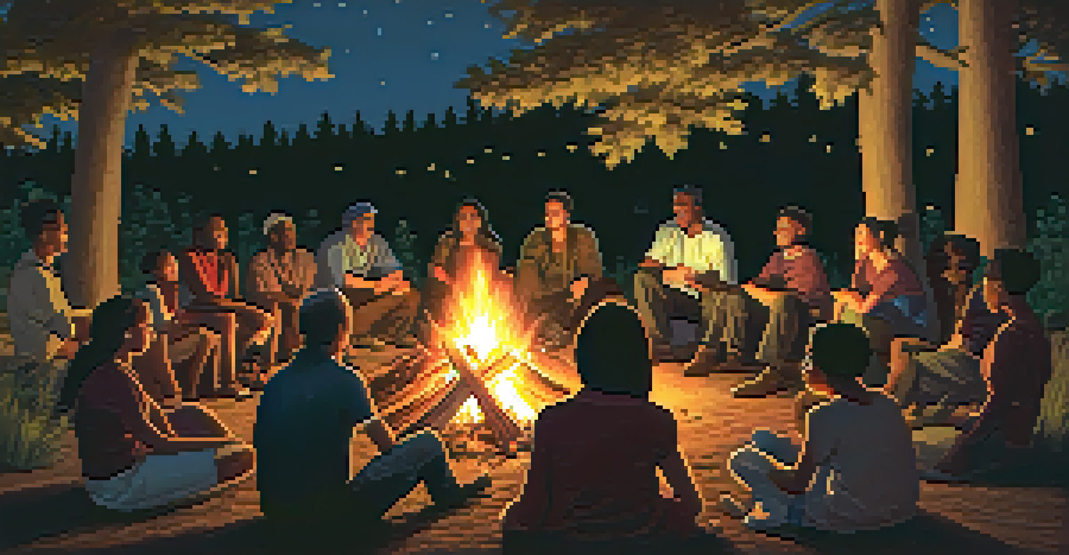A group of diverse individuals around a bonfire at night, engaged in storytelling, with warm light and trees in the background.