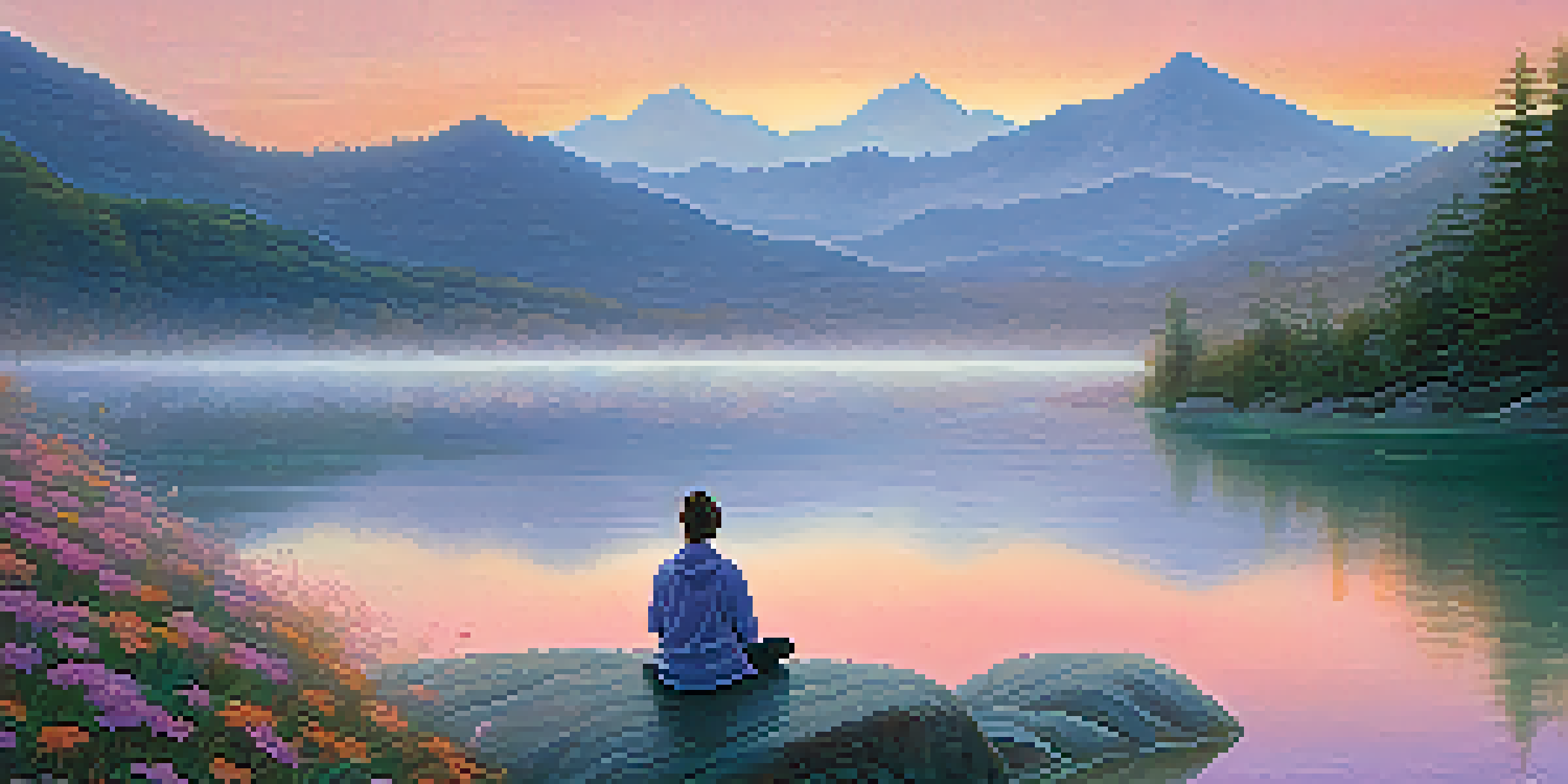 A person meditating on a rock by a calm lake at sunrise, surrounded by misty mountains and blooming wildflowers.