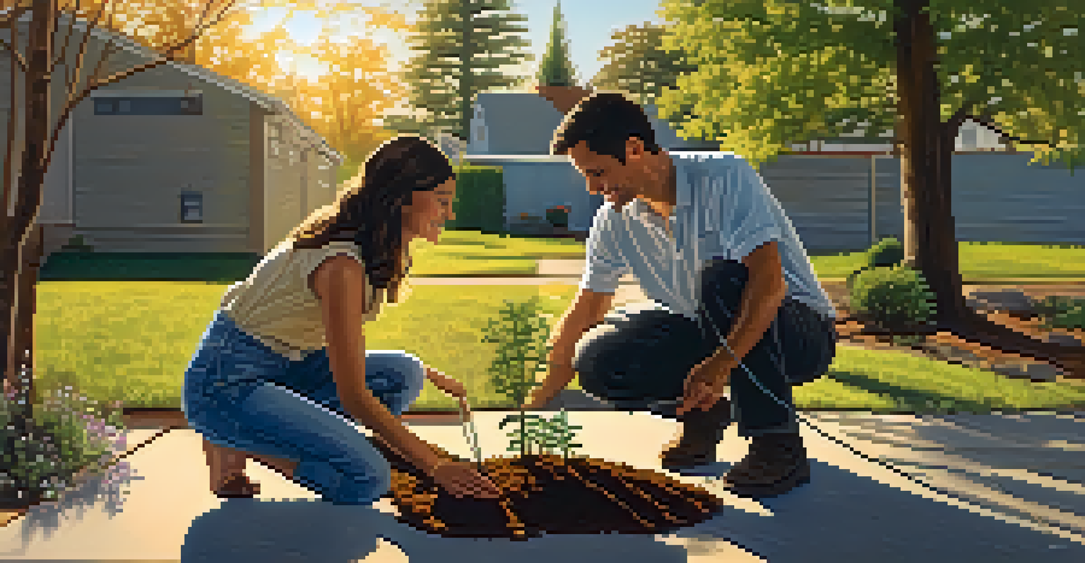 A couple planting a small tree together in their backyard under a clear blue sky, smiling at each other.