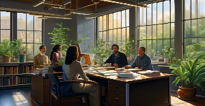A diverse group of employees discussing spirituality in a bright office filled with plants and books.