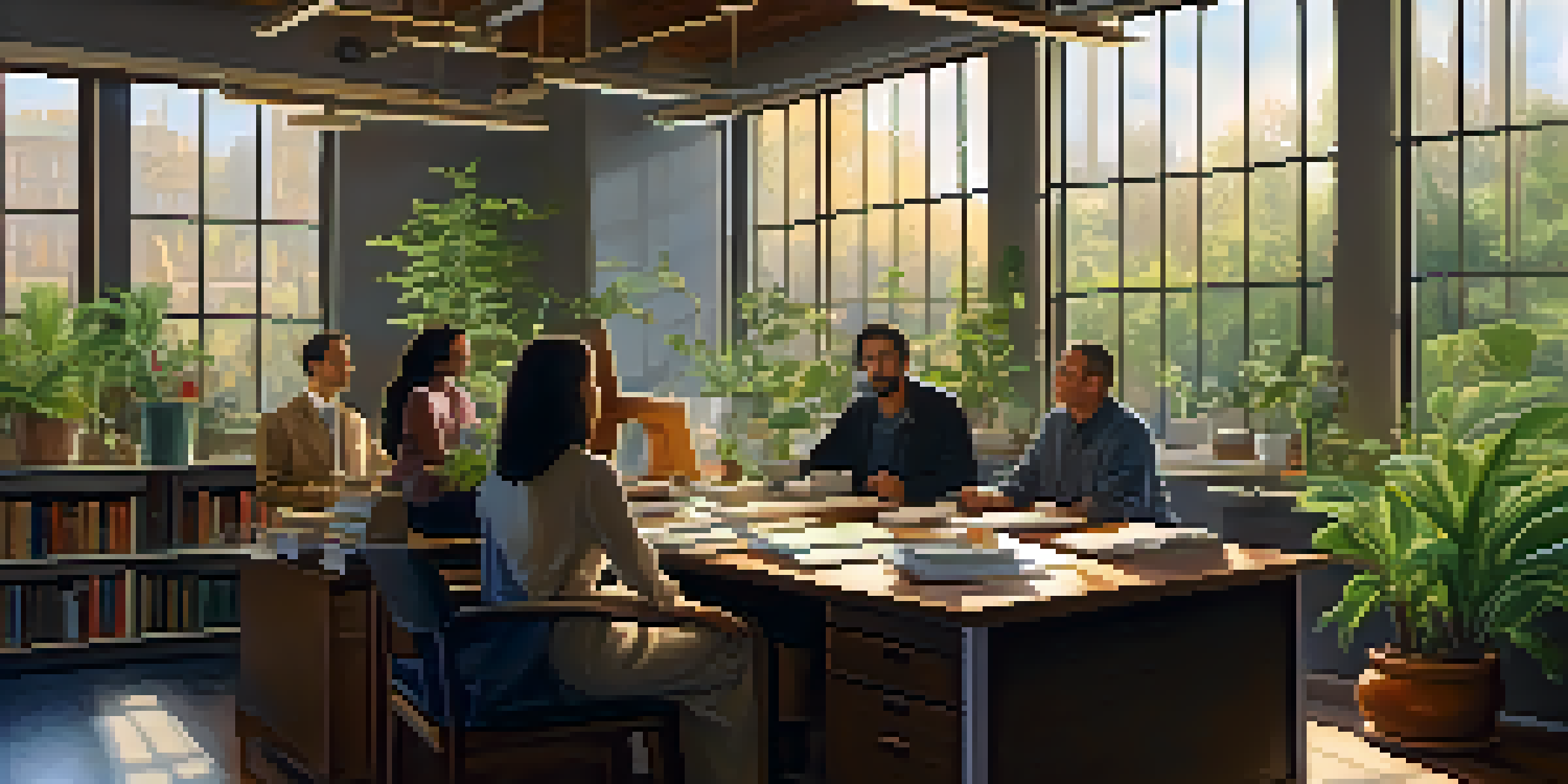A diverse group of employees discussing spirituality in a bright office filled with plants and books.