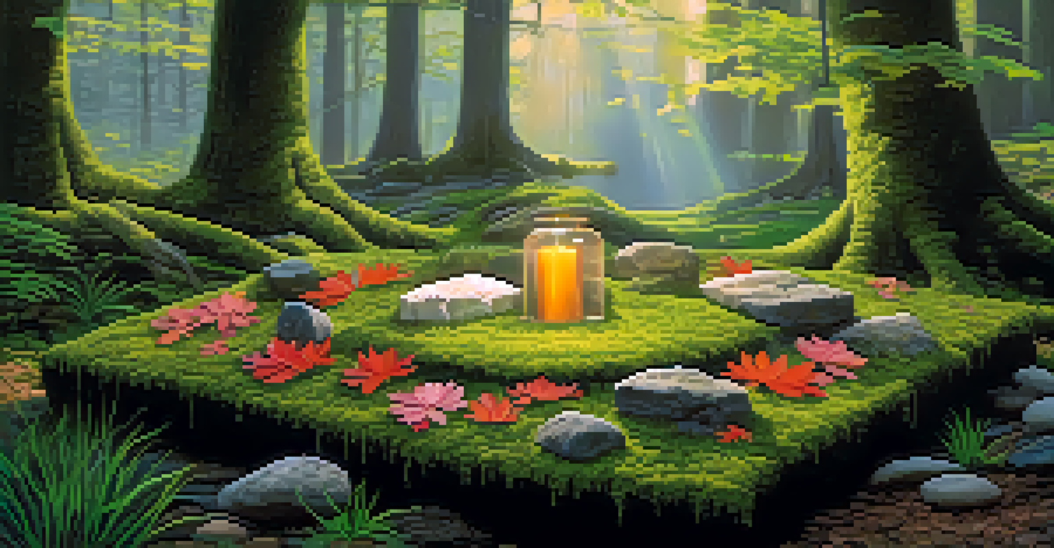 A nature altar made of leaves, stones, and flowers on a mossy ground in a forest, with sunlight filtering through the trees.