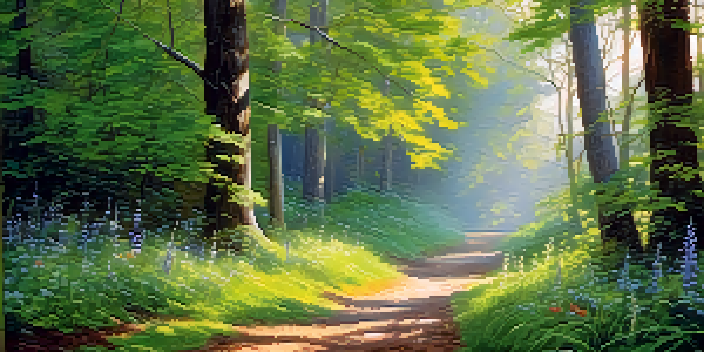 A peaceful forest with sunlight shining through green leaves and colorful wildflowers on a soft path.