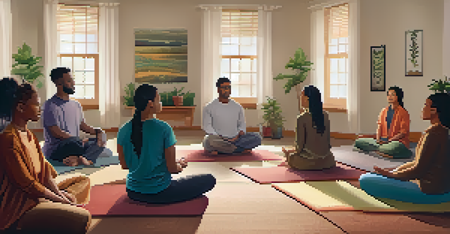 A diverse group of people meditating together in a cozy room, seated in a circle with warm lighting and calming decor.