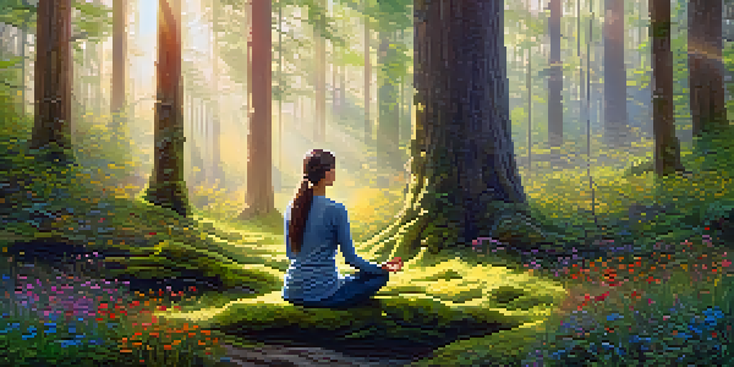A person meditating peacefully in a sunlit forest, surrounded by colorful wildflowers and soft sunlight filtering through the trees.