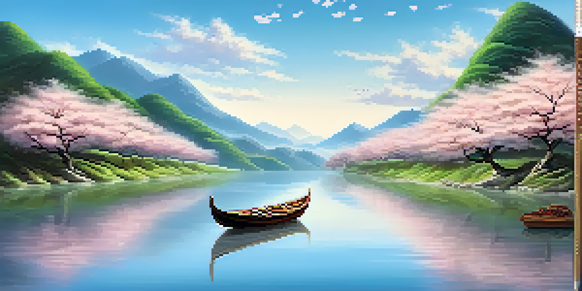 A peaceful Taoist landscape with a flowing river, green mountains, a wooden boat, and blooming cherry blossom trees under a clear sky.