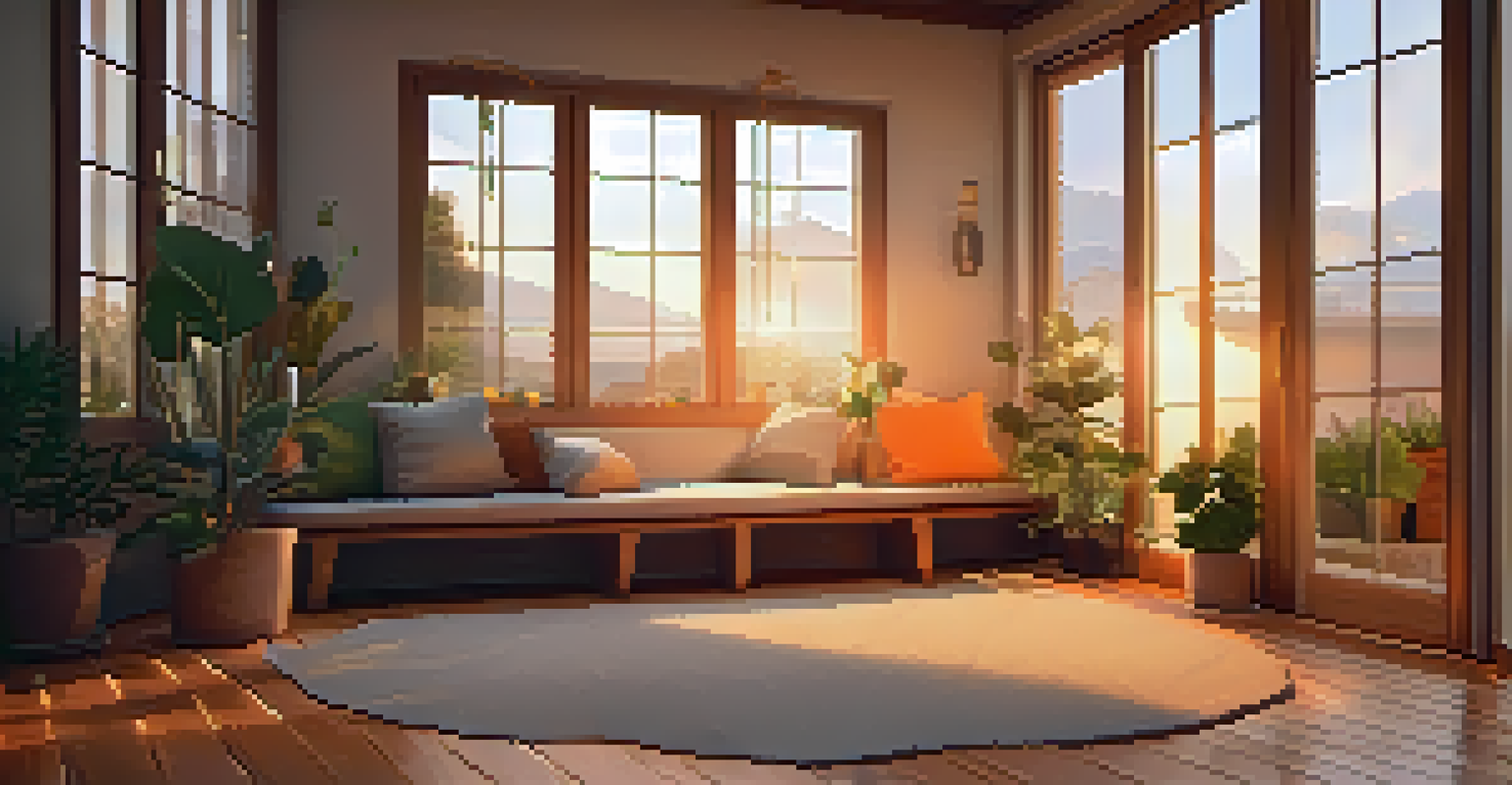A cozy indoor meditation space with a cushion, candles, and plants, illuminated by warm light from a sunset.