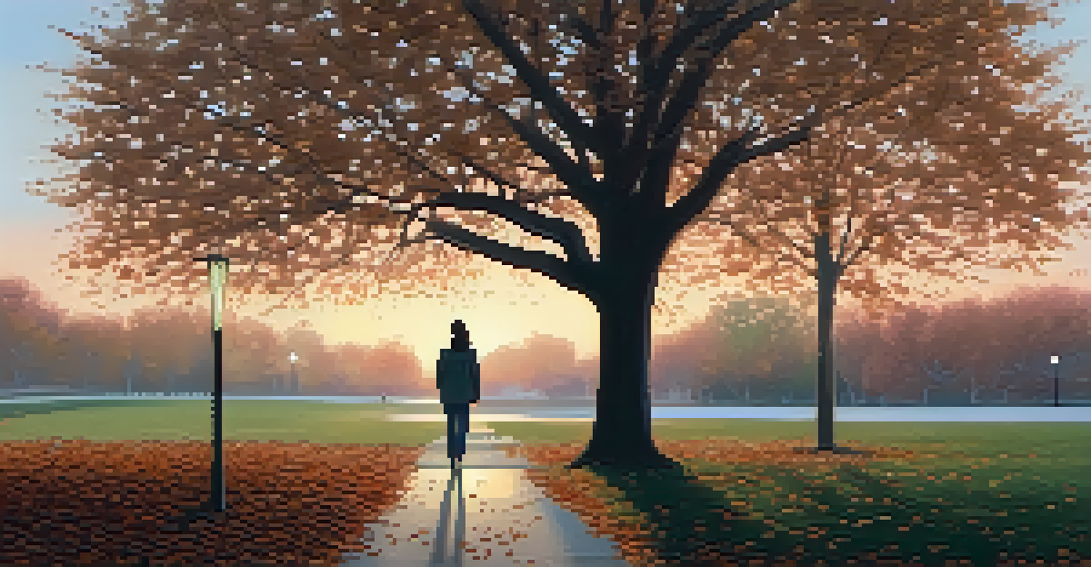 A serene outdoor scene at dusk with a person walking along a tree-lined pathway.