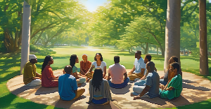 A diverse group of people sitting in a circle outdoors, sharing thoughts during a spiritual gathering, surrounded by green trees and warm sunlight.