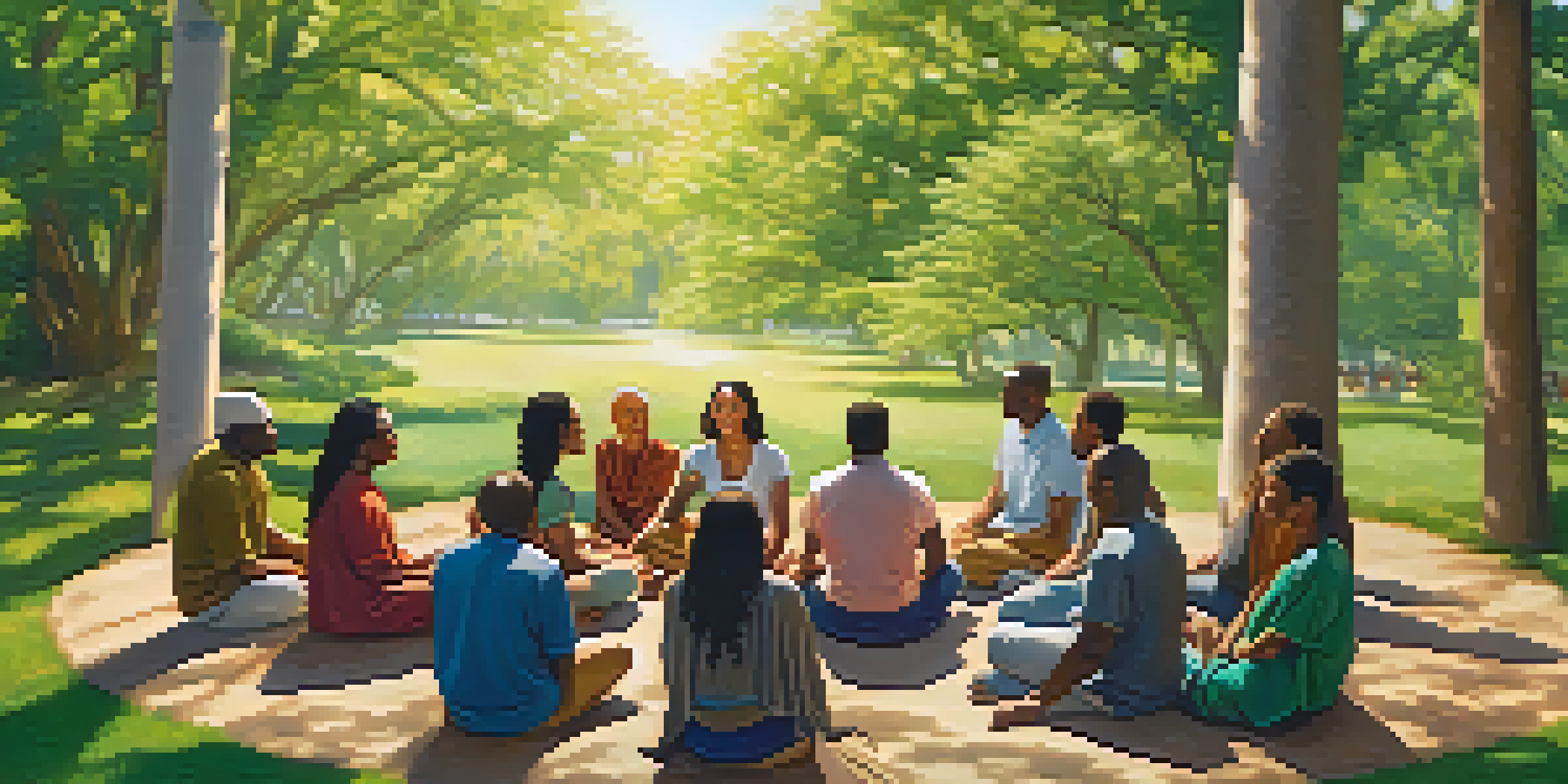 A diverse group of people sitting in a circle outdoors, sharing thoughts during a spiritual gathering, surrounded by green trees and warm sunlight.