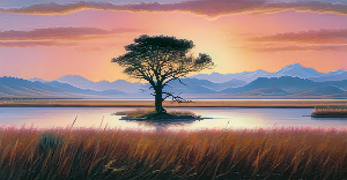 A peaceful landscape depicting a sunrise over an open field, a tree, a tranquil lake, misty mountains, and an eagle in flight.