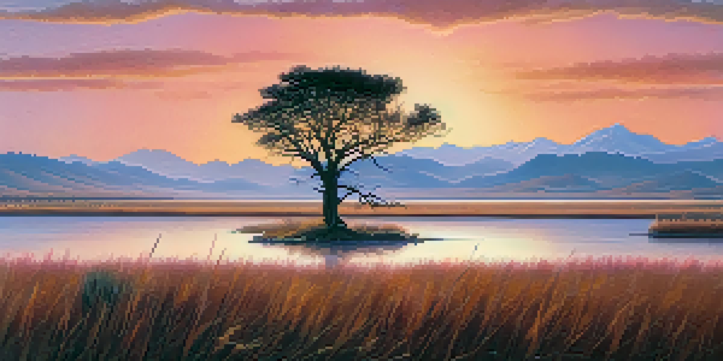 A peaceful landscape depicting a sunrise over an open field, a tree, a tranquil lake, misty mountains, and an eagle in flight.