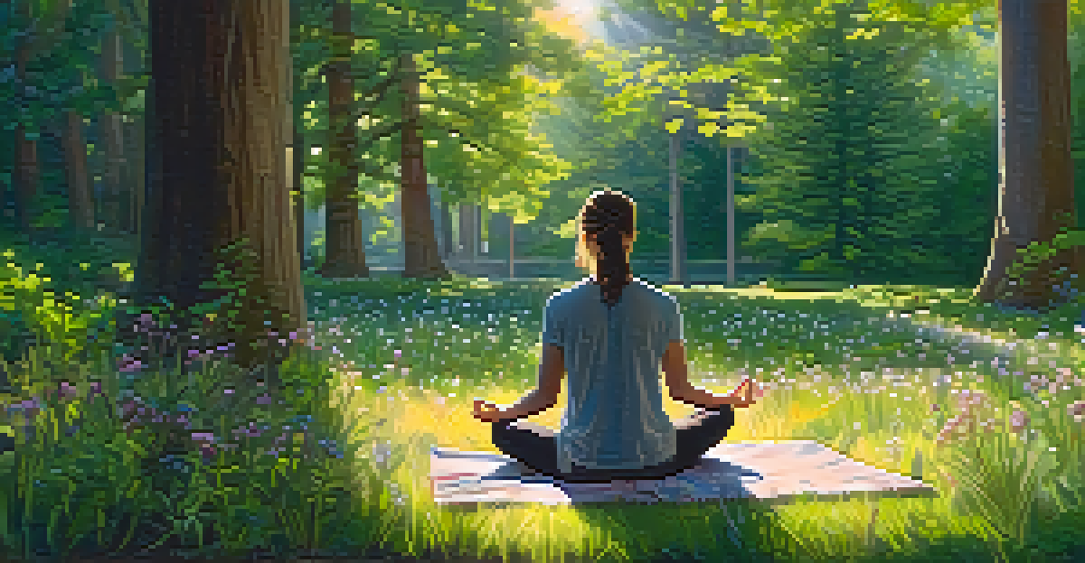 A person meditating in a peaceful park surrounded by tall trees and wildflowers, with sunlight filtering through the leaves.