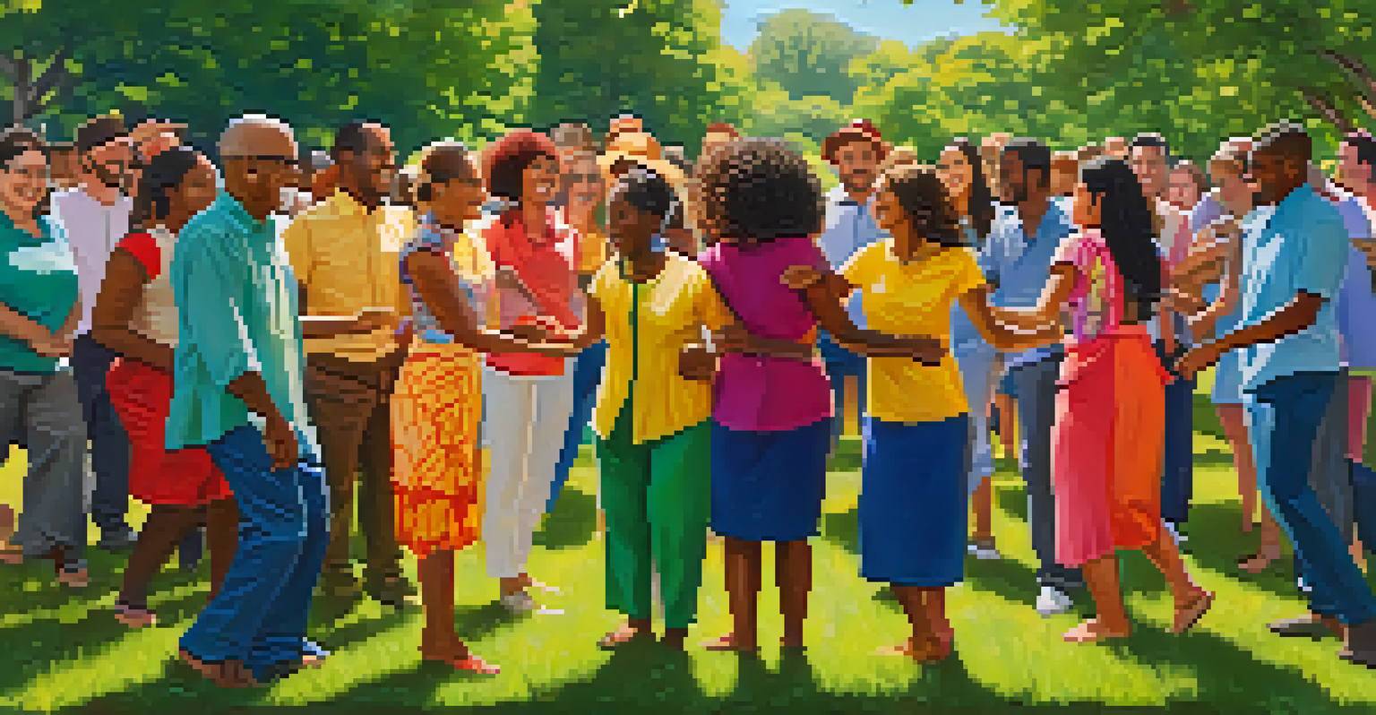 A group of diverse individuals dancing joyfully in a circle in a park, surrounded by greenery and flowers.