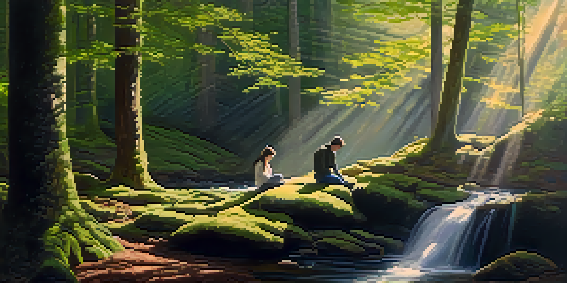 A person meditating in a peaceful forest, surrounded by sunlight and greenery.