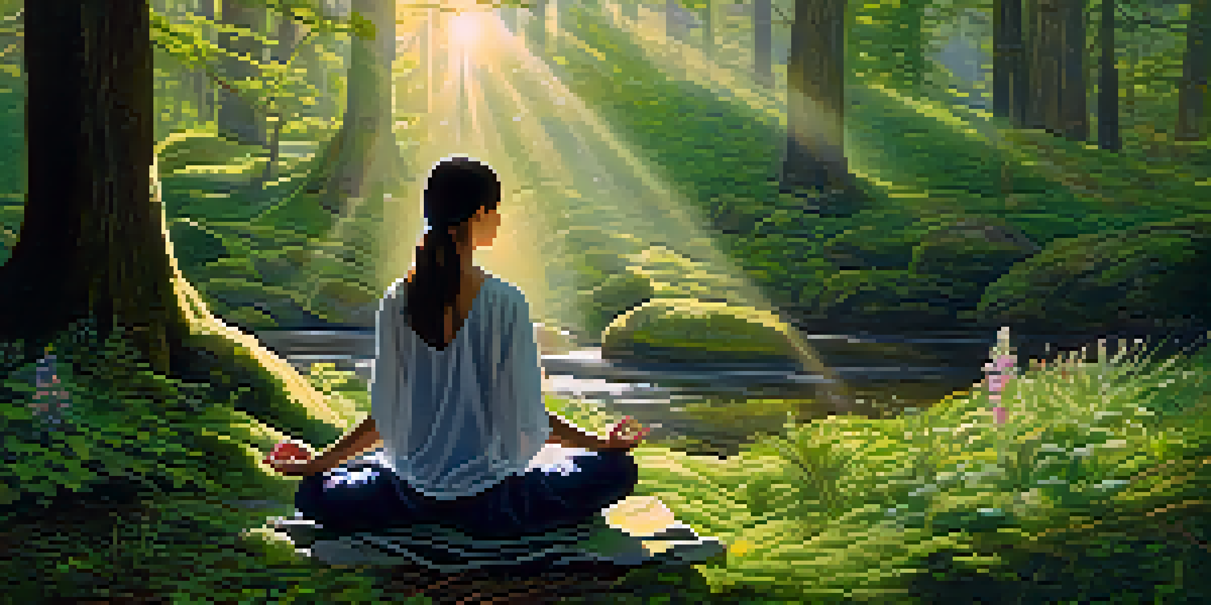 A person meditating in a sunlit forest clearing, surrounded by wildflowers and a soft mossy ground, with sunbeams filtering through the trees.