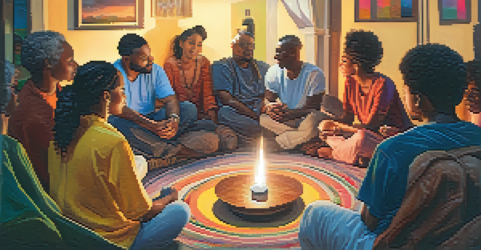 A diverse group of people in a circle at a community gathering, sharing their spiritual awakening experiences.